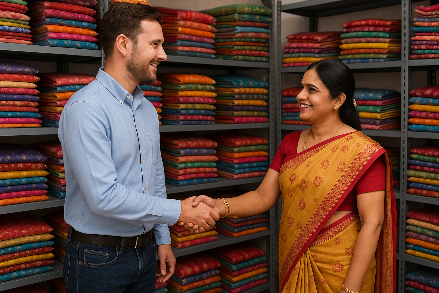 Man and woman shake hands in a saree showroom, surrounded by neatly stacked colorful sarees on shelves.