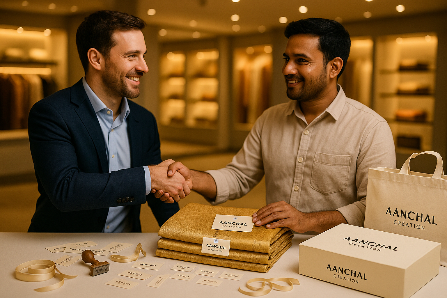 Two men shake hands over packed sarees and branding materials at a table, with “Aanchal Creation” packaging in view.