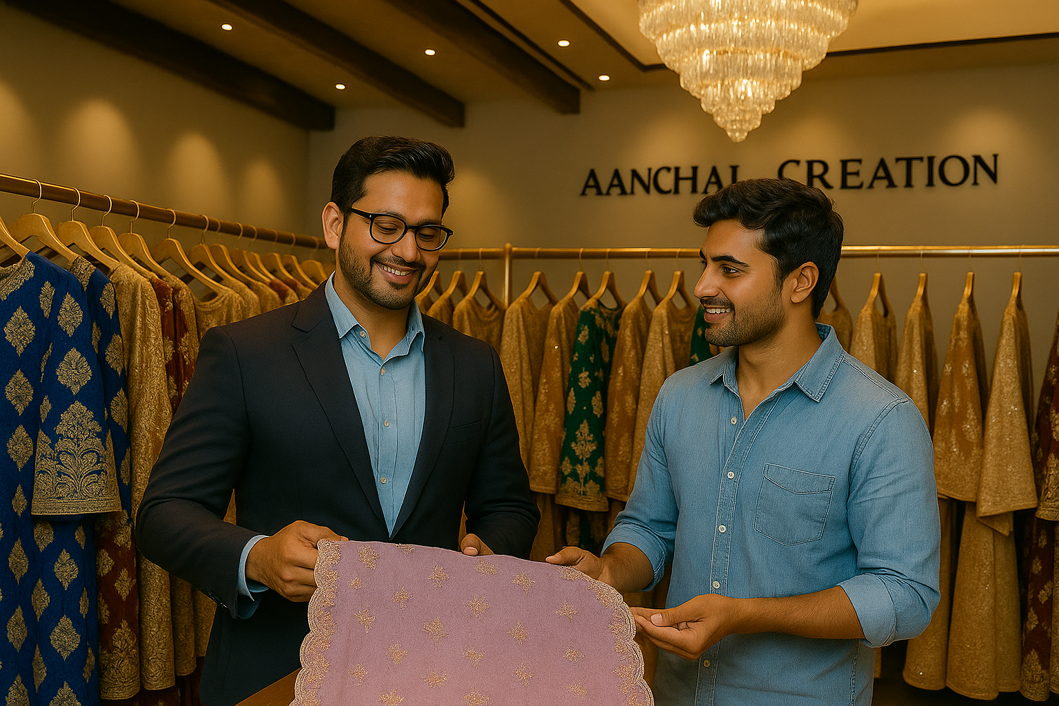 Two men review a pink fabric in the Aanchal Creation showroom, surrounded by designer sarees.