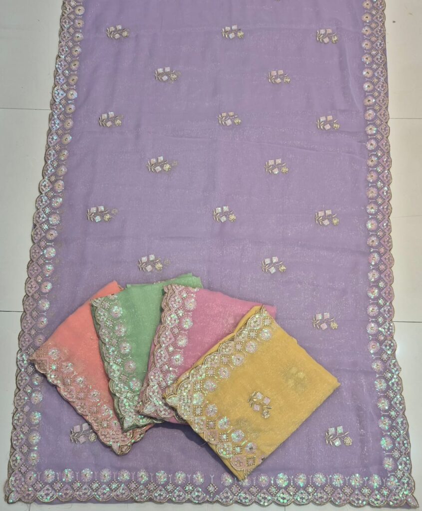 Elegant pastel embroidered saree collection in peach, green, pink, and yellow colors, displayed on a lavender base saree. Each saree features shimmering sequin floral embroidery and a designer lace border. Perfect for party wear sarees, festive wear sarees, and wedding functions.